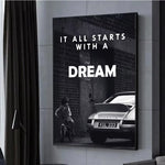 Impression toile enfant tricycle Porsche message rêve moderne horizontal sans cadre