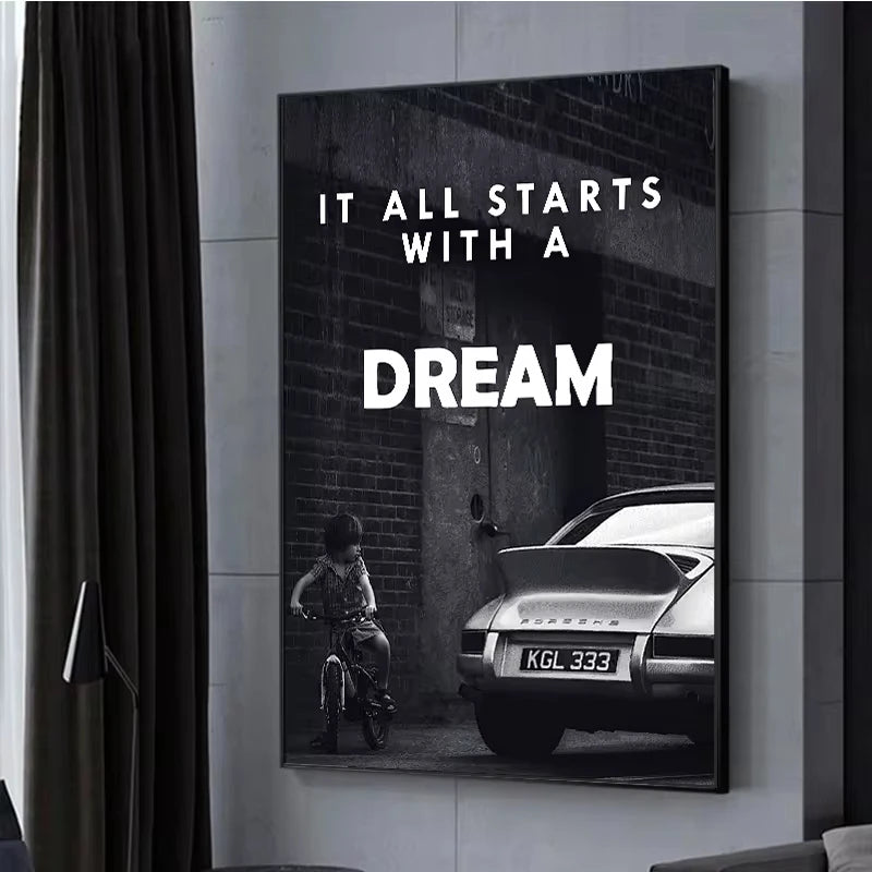 Impression toile enfant tricycle Porsche message rêve moderne horizontal sans cadre