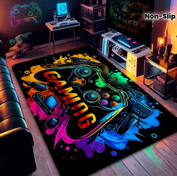 tapis gamer graphique moderne noir multicolore manettes jeu salon chambre