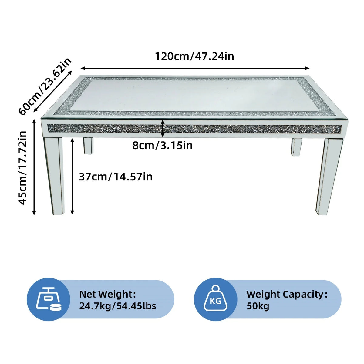 table basse rectangulaire transparente strass argentée moderne pieds verre salon decoration