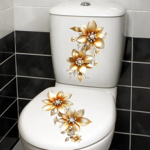 stickers decoratifs toilette or blanc fleurs modernes adhesifs 26cm 20cm