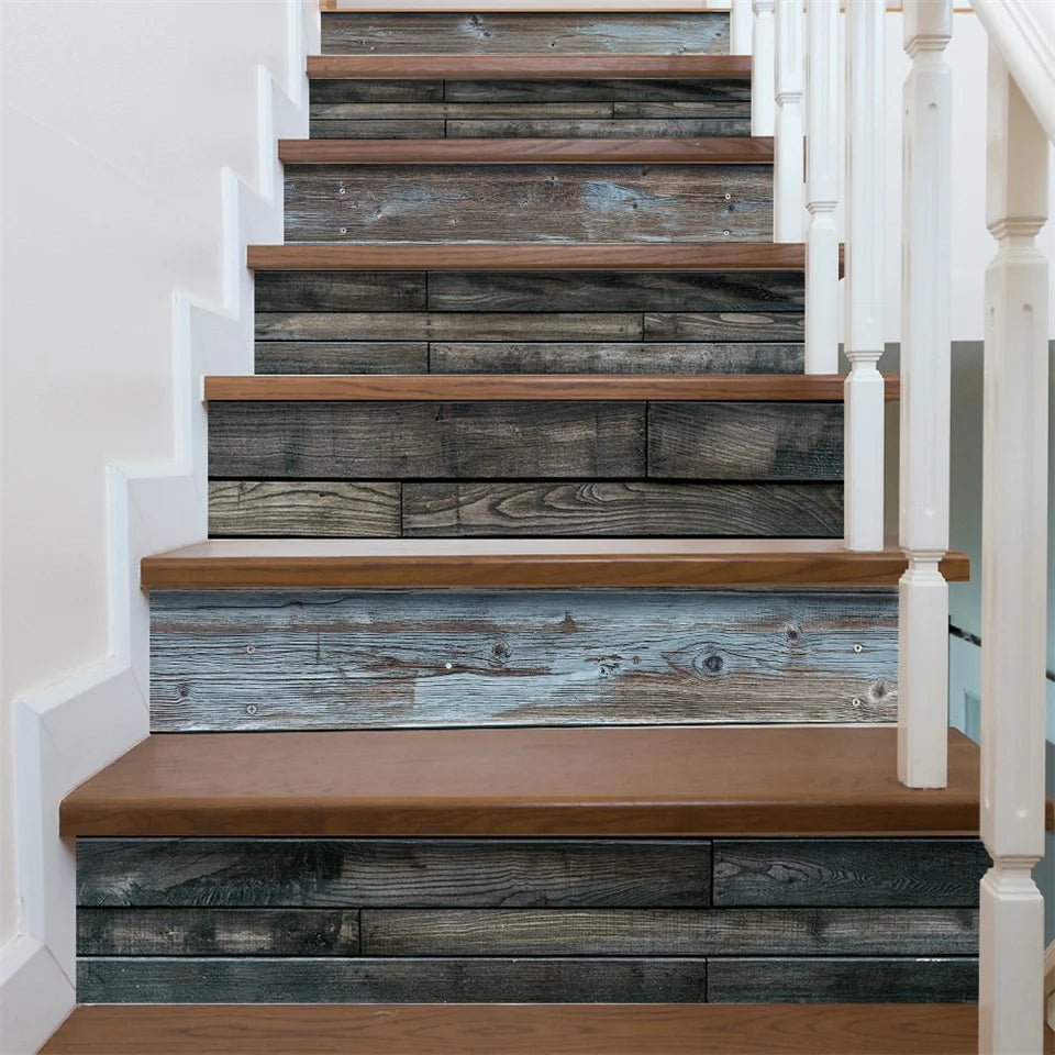 autocollants escalier bois vieilli adhésifs rustiques vintage 7pièces brun bleu