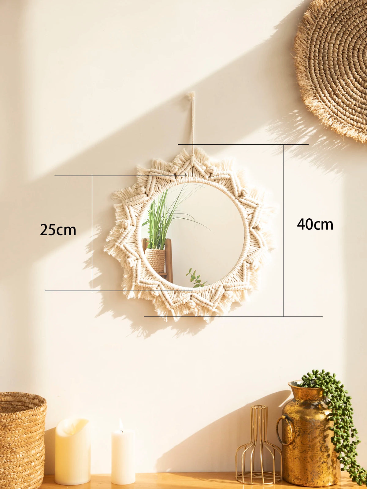 miroir boho blanc macramé franges artisanal crochet peigne protection chambre salon