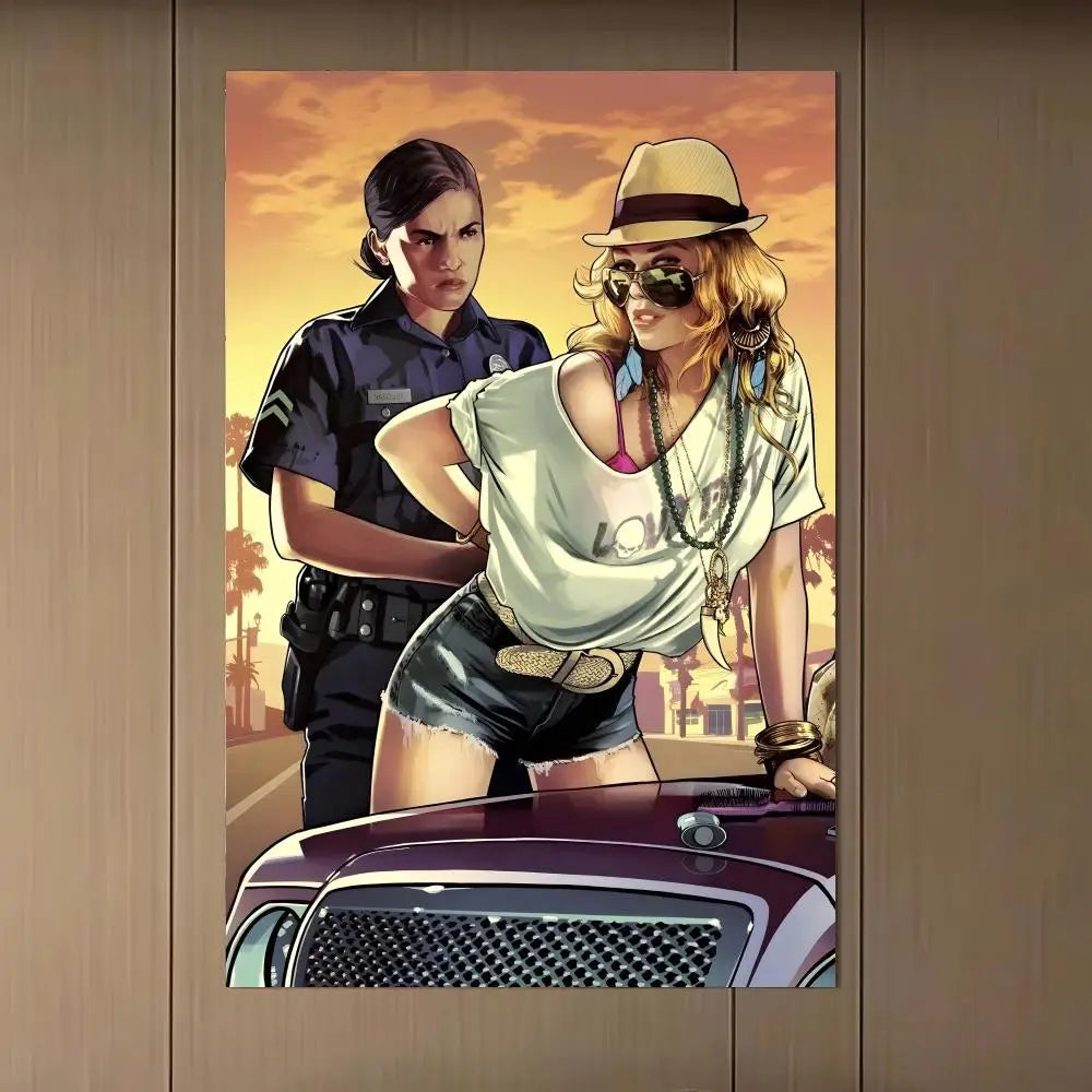 affiche jeu vidéo grand theft auto vi multicolore personnages scènes verte bleue moderne artwork