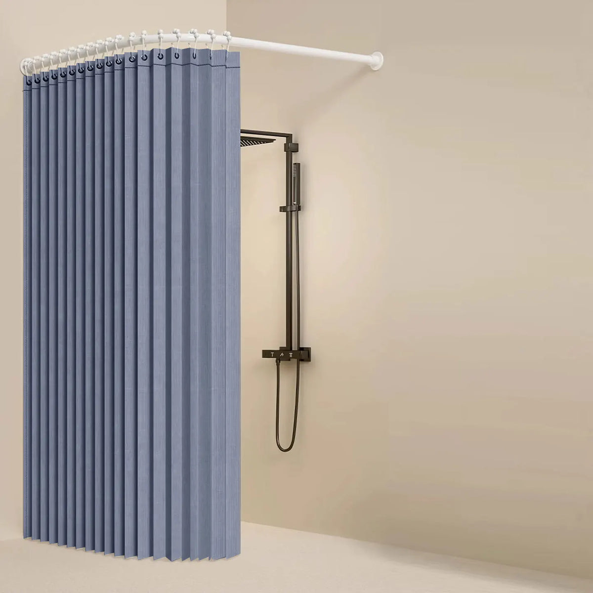 rideau douche pliable polyester plissé gris beige moderne opale variable ball hooks aimant sangle