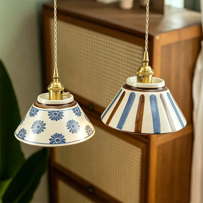 lampe suspendue vintage blanc bleu fleurs rayures cordon ajustable ampoule E27 chambre salon restaurant