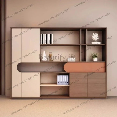meuble rangement moderne bois beige marron orange compartiments documents portes tablettes assemblage facile robuste