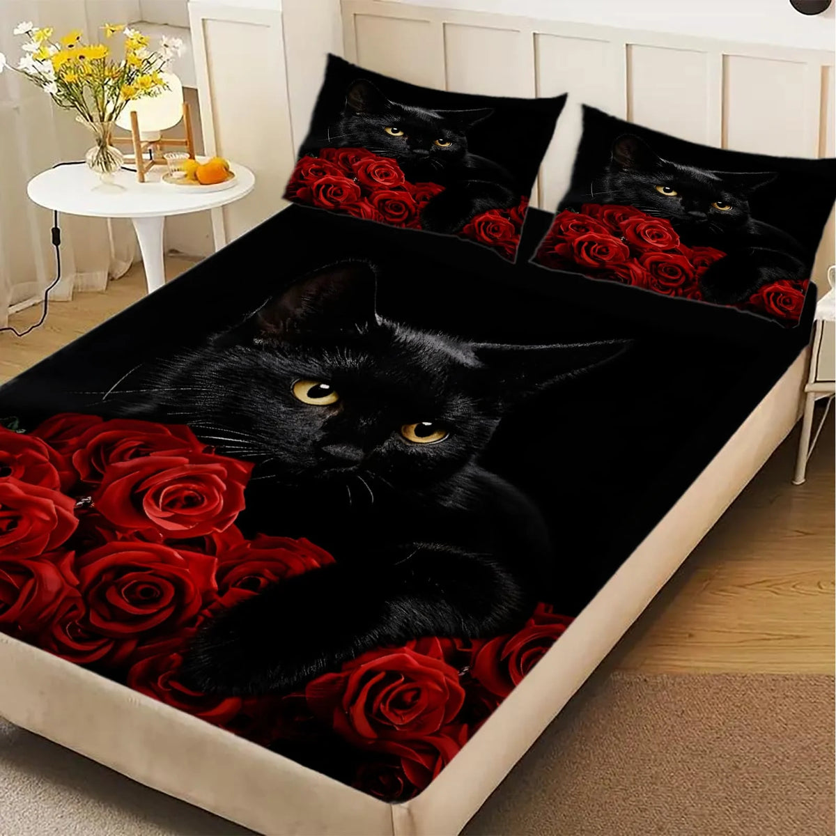 drap housse imprimé chat noir roses rouges coton polyester moderne graphique lit chambreDecoration