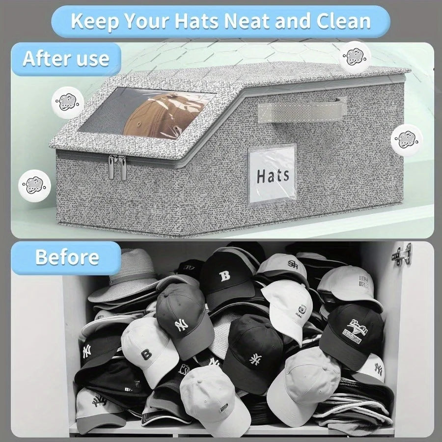 boîte rangement chapeaux gris tissu moderne fenêtre transparente anti poussière pratique réutilisable organisateur chapeaux