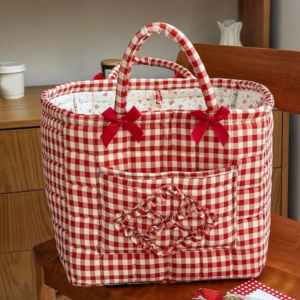 panier tissu carreaux rouge blanc vintage poignées détachables rangement multiple chambre enfant