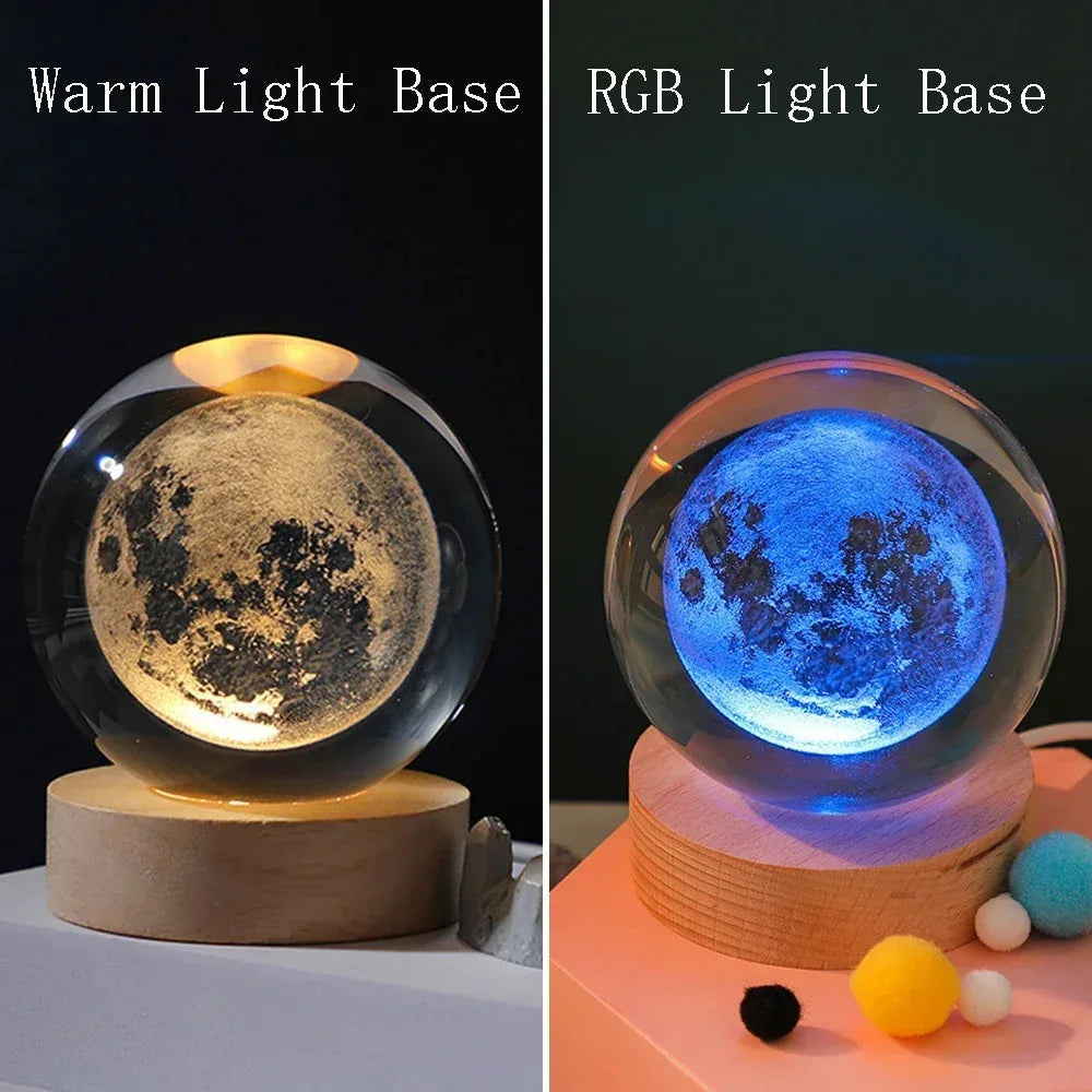 veilleuse boule cristal galaxie saturne transparente base bois minimaliste led éclairage maison decoration
