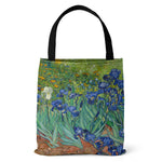 sac main polyester fleurs iris paysage moderne vert bleu beige noir poignées