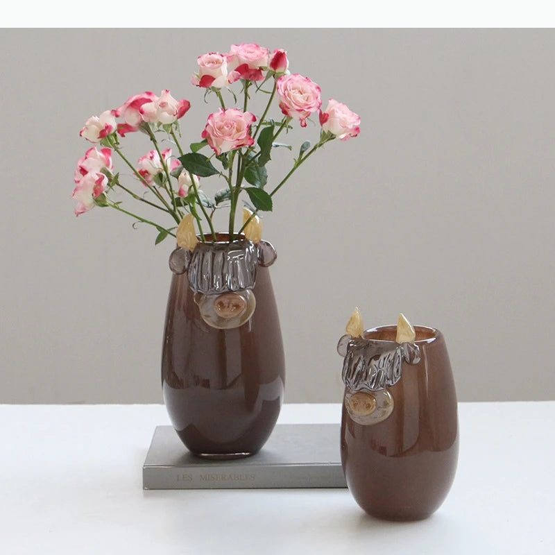 vase tête vache hauteurs cornes marron crème décoration table rustique fleuri moderne chambre salon
