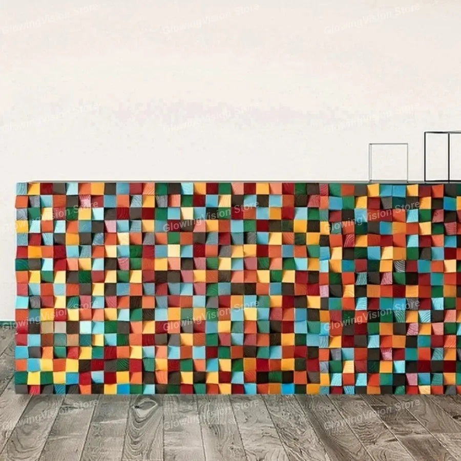 panneau mural décoratif 3d géométrique abstrait moderne triangles bois peints rouge orange Jaune Vert