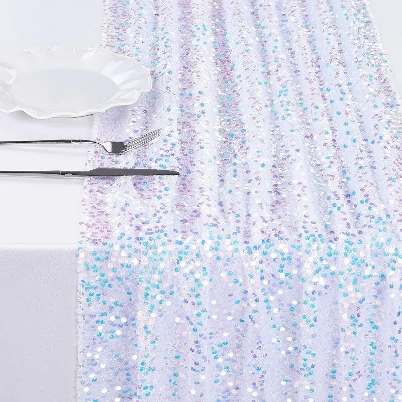 chemin table paillettes blanc bleu clair argent decoratif mariage anniversaire decoration festive halloween noel