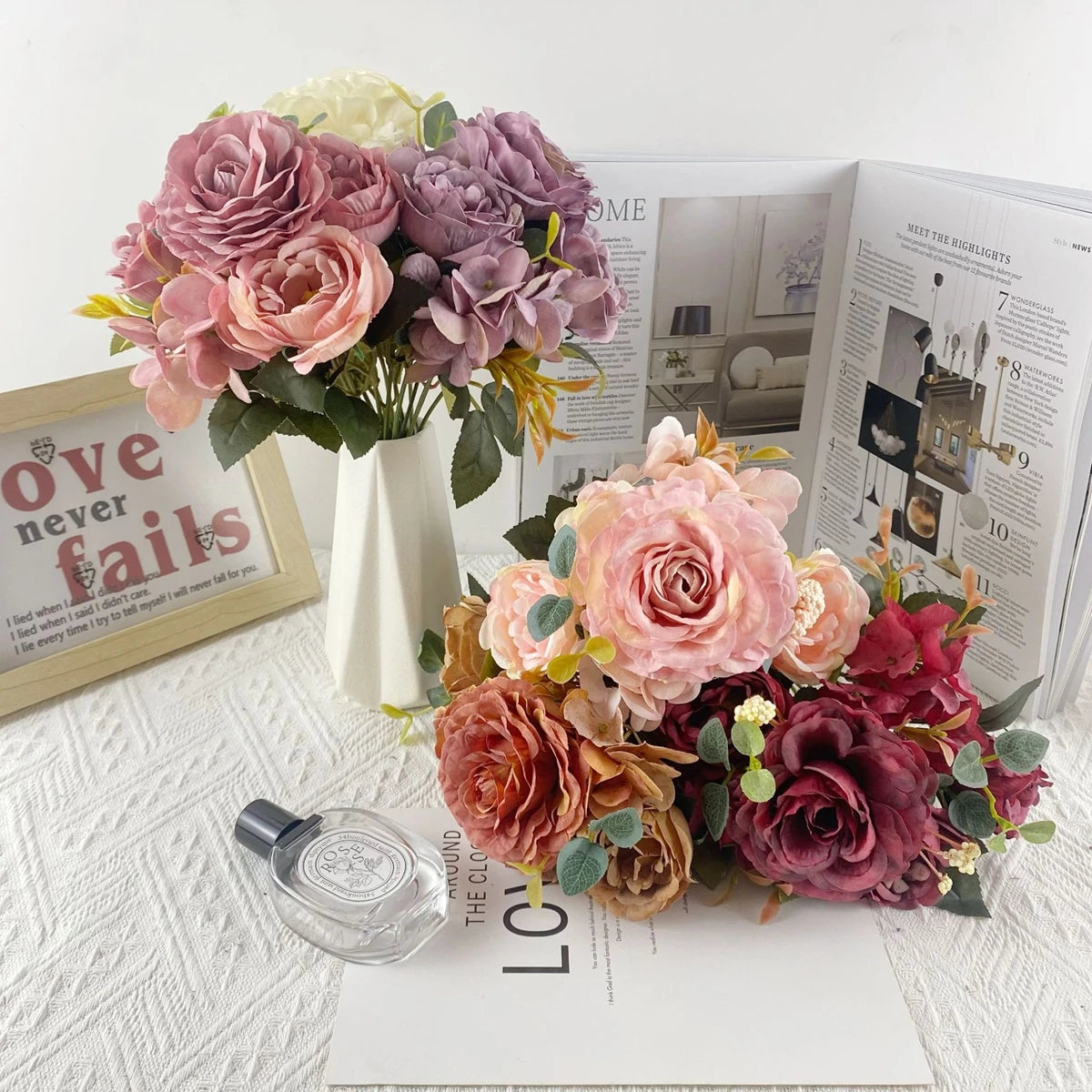 bouquet fleurs artificielles soie roses hortensias pivoines décoration mariage anniversaire intérieur moderne élégant