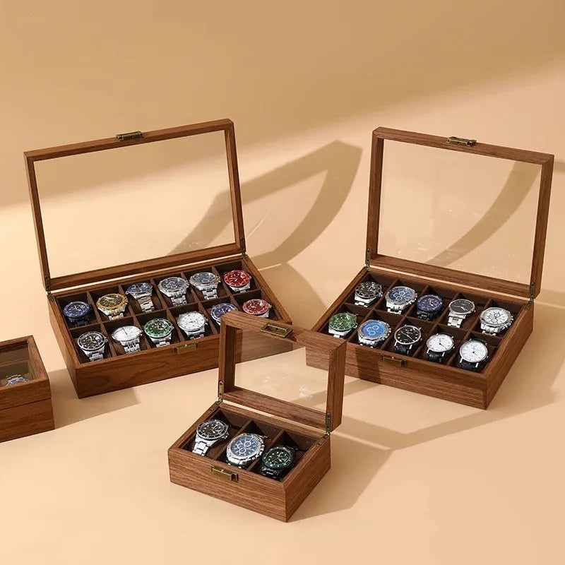 boîtes montres bois foncé grain naturel classique boutons dorés montres bracelets bijoux