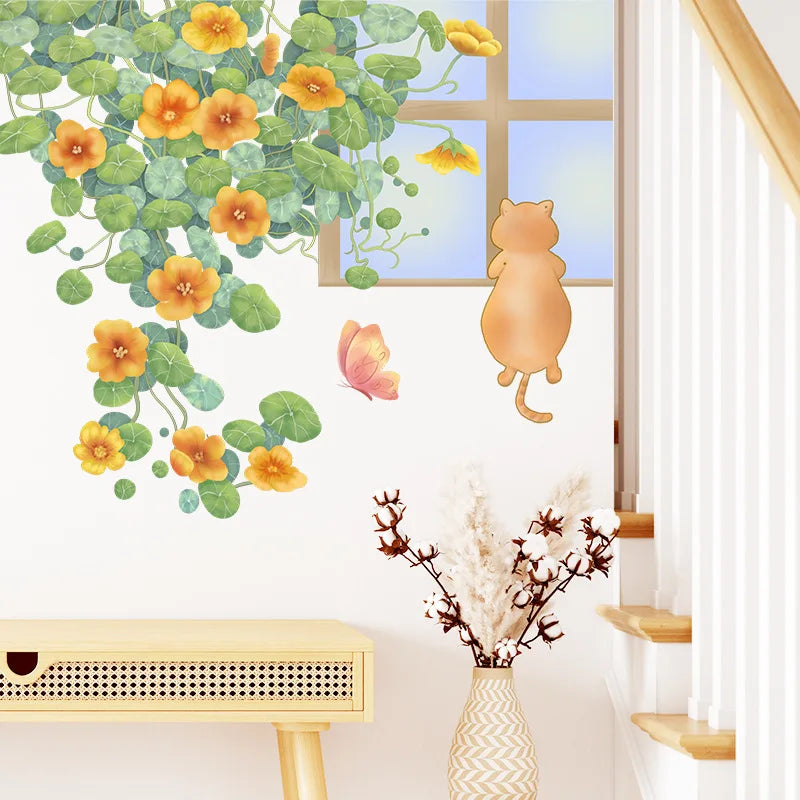 sticker mural dessin animé chat escalade fenêtre fleurs feuilles orange vert jaune rose illustration