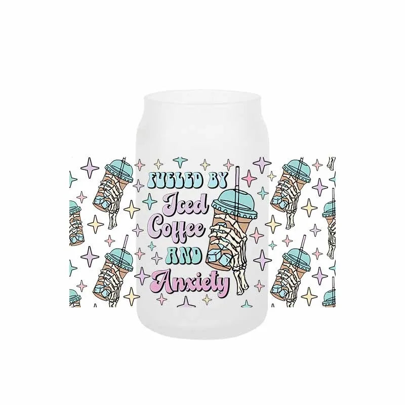 autocollants transfert motif coeurs boissons cartoon transparent opaques tasses croissants glaces bouteille verre couvercle