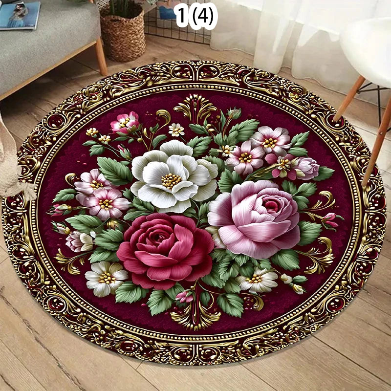 tapis rond fleur rose noir vert classique anti dérapant polyester polypropylène 40cm 80cm 120cm