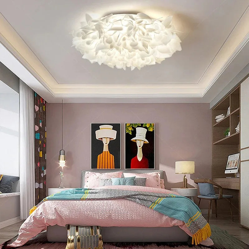 lampe suspendue moderne blanc feuilles papillons fer pvc led télécommande gradation 53cm 75cm
