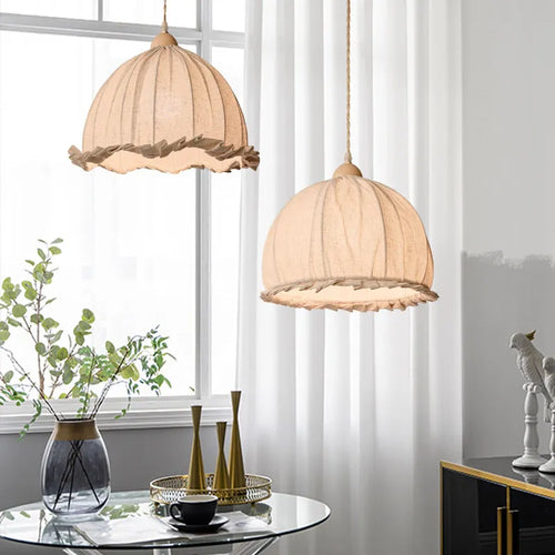luminaire suspension tissu beige franges rustique moderne lustre salon chambre salle manger
