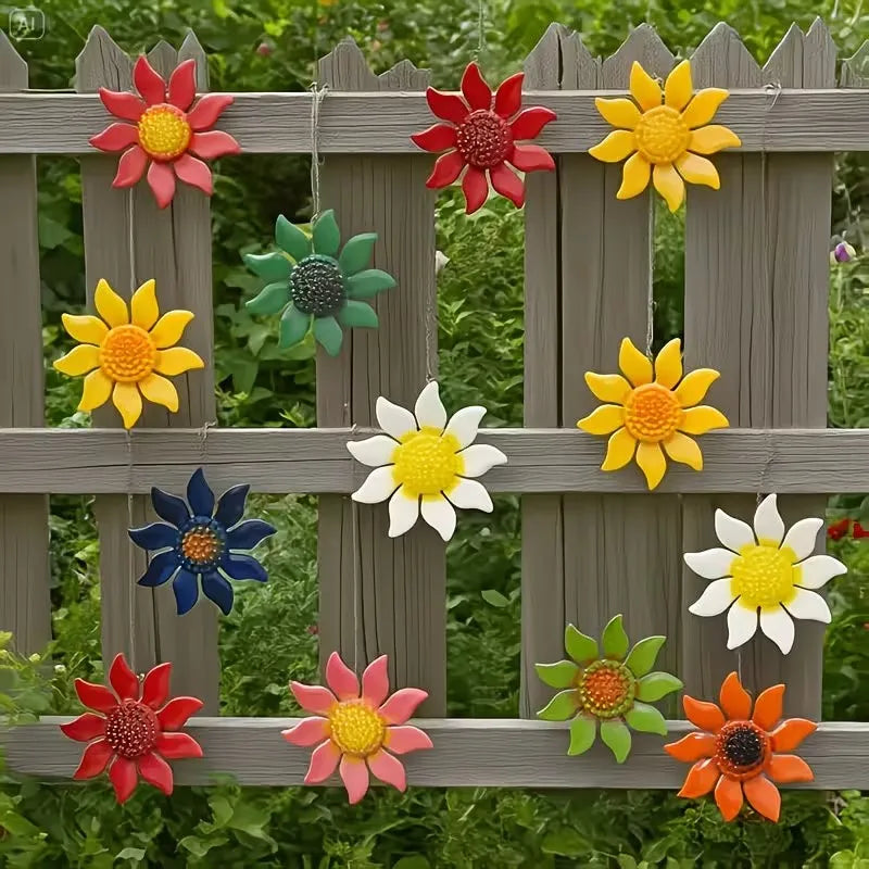 décorations murales métal fleurs tournesols colorées champêtre fixations oeilletsextérieur jardin cloisons artistiques
