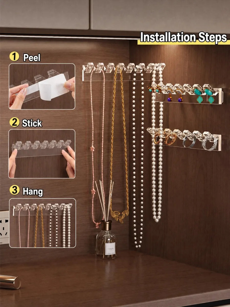 présentoir bijoux transparent adhésif moderne crochets rangement mur bagues boucles d'oreilles colliers