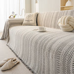 housse canapé moderne couverture chenille motif géométrique beige noir fixations machine polyester salon
