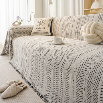 housse canapé moderne couverture chenille motif géométrique beige noir fixations machine polyester salon