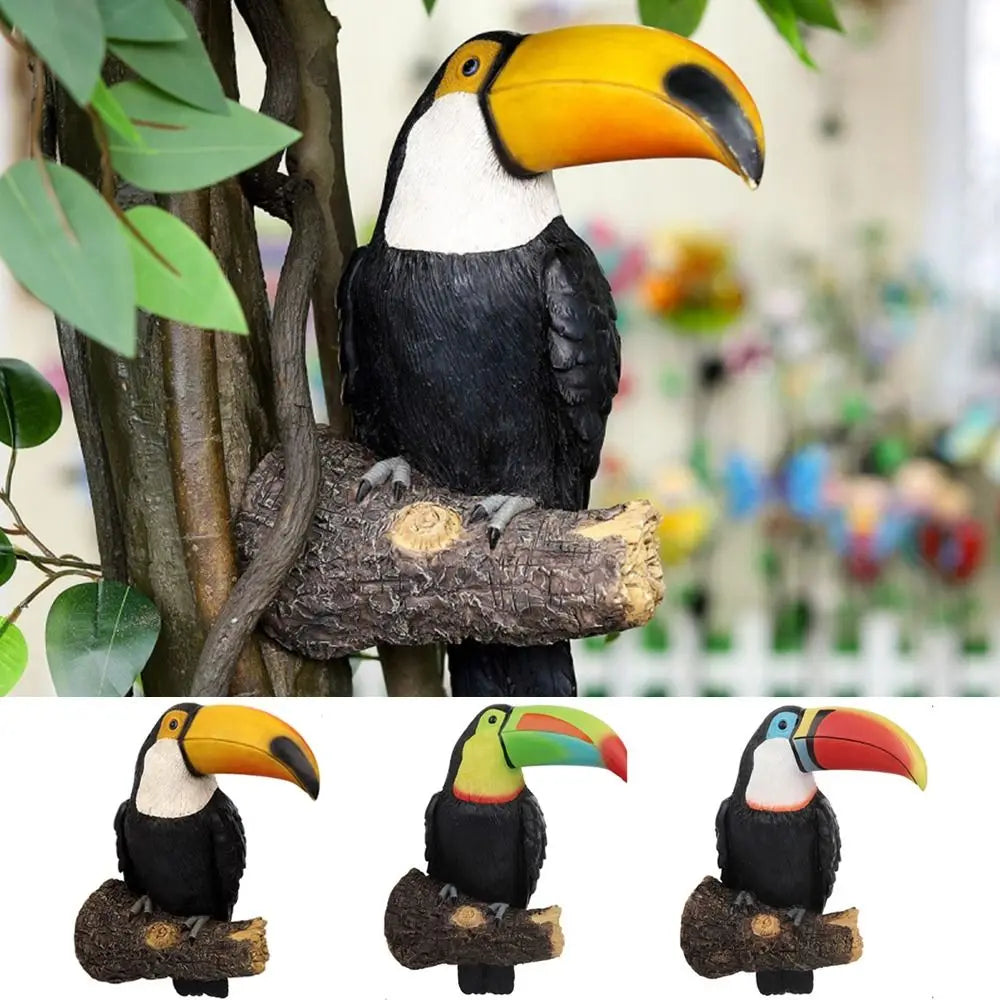 statue toucan résine plumes décorative branche bois tropicale extérieur plantes Jaune Vert Rouge Bleu