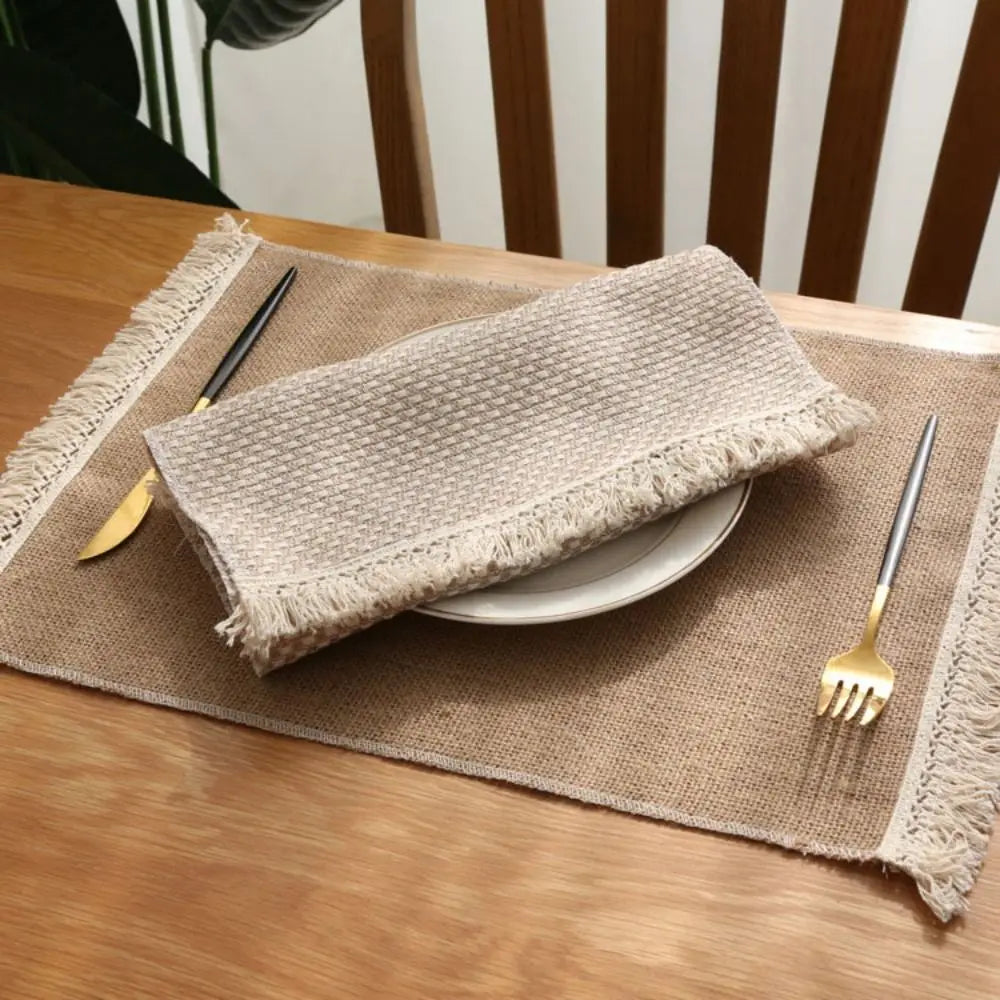 nappes lin beige motif losanges franges decoration table bohème rustique