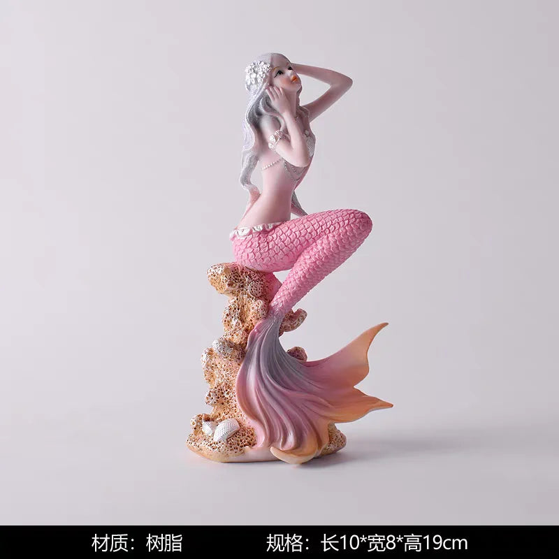 statue sirène résine rose blanche bleue dorée coquillage cheveux ondulés décoration intérieure artificielle