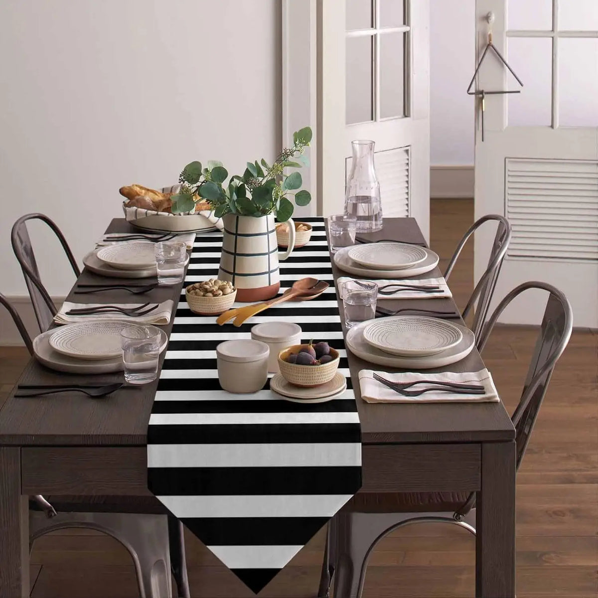 chinois moderne chemin table lin noir blanc rayé