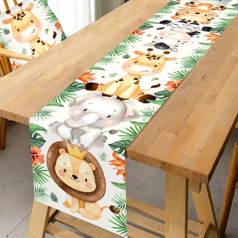 table cuisine nappe animaux savane aquarelle lion éléphant girafe zèbre enfant jungle festive