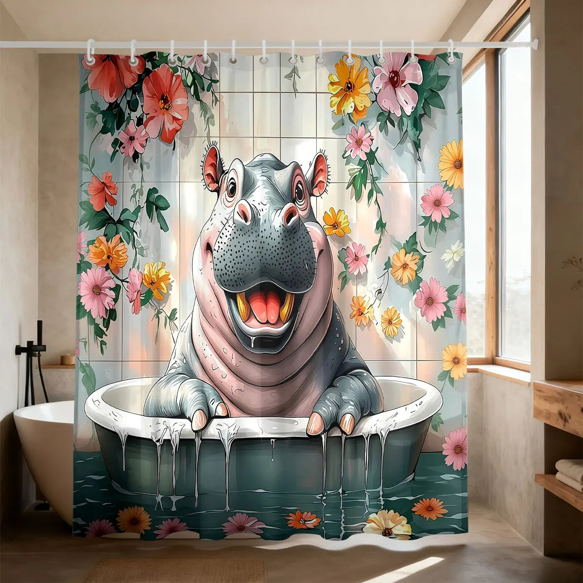 rideau douche classique hippopotame souriant fleurs bleu rose jaune vert opaque crochets