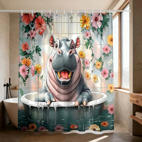 rideau douche classique hippopotame souriant fleurs bleu rose jaune vert opaque crochets