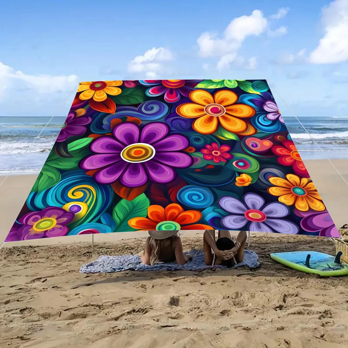 tapis sol multicolore fleurs modernes pop art ruban fixation 150x150cm 185x185cm 240x185cm