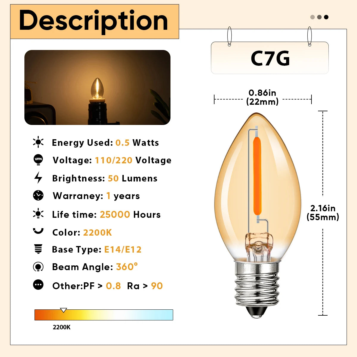 ampoule led conique filament orange moderne 360° e14 e12 vintage blanc chaud 25000h