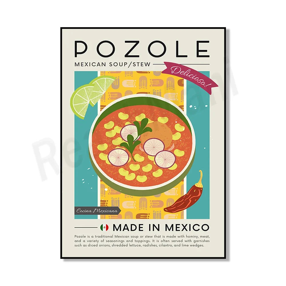 Une affiche colorée et appétissante présentant le pozole, un ragoût traditionnel mexicain fait avec de la viande, des légumes et des épices.
