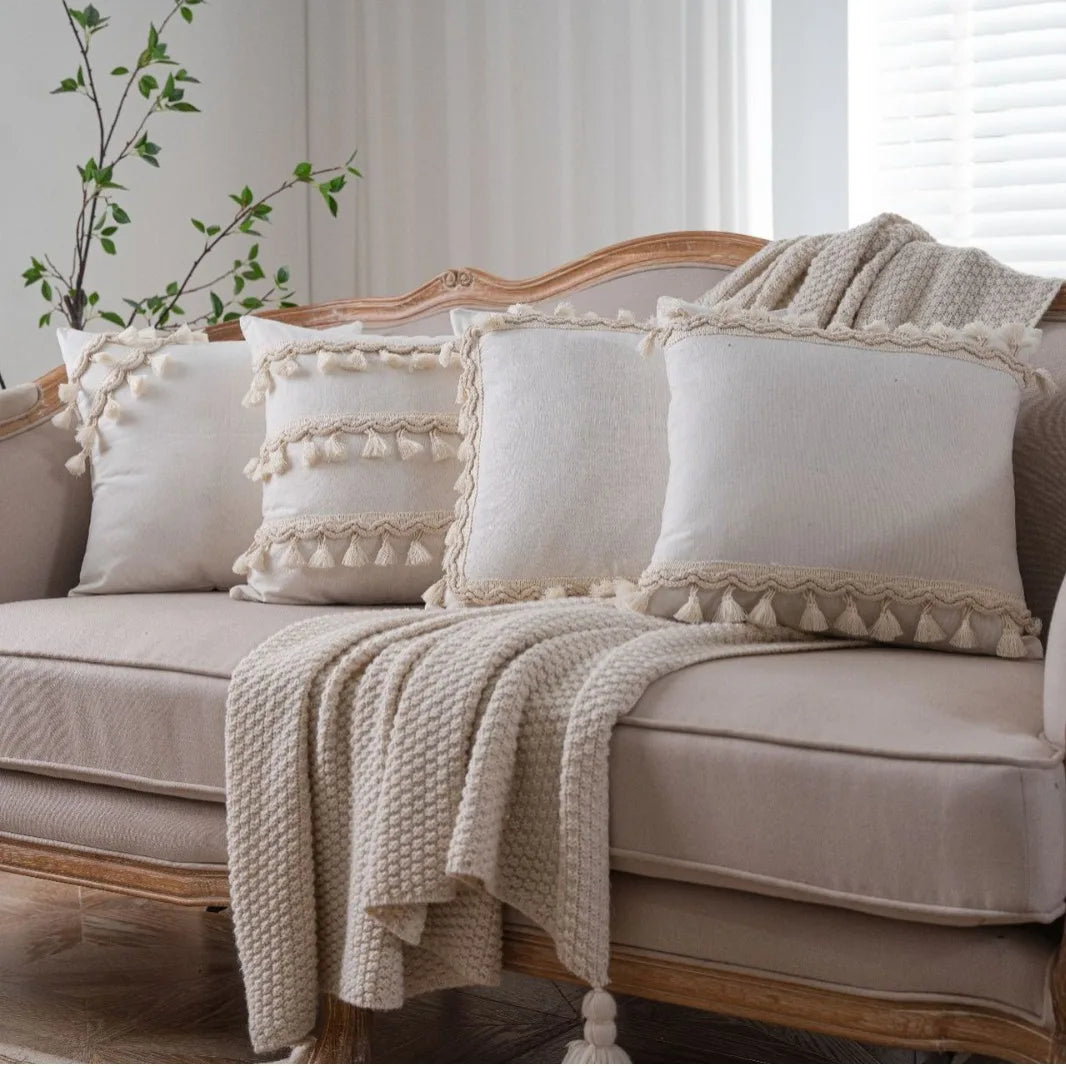 coussin carré bohème franges blanches beige décor maison tissu polyester simple 60x60cm