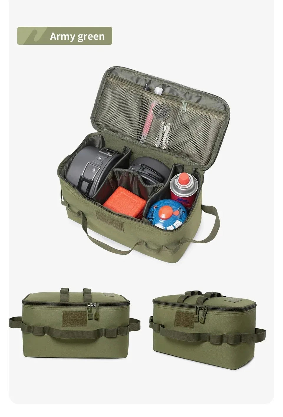 sac rangement cuisinière gaz tissu imperméable militaire beige compartiments poignées fixationsextérieur camping