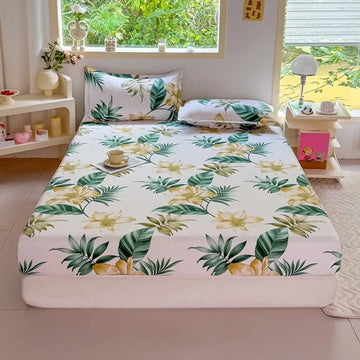 draps housses fleurs tropicales moderne blanc vert jaune pièces lit 120cm 150cm 180cm 200cm
