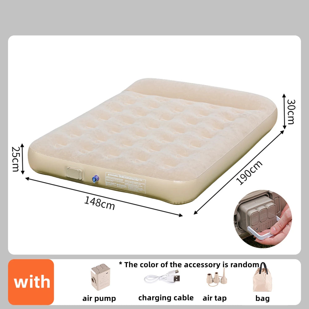 matelas gonflable beige texture mousse moderne pompe intégrée double taille grande capacité camping voyage