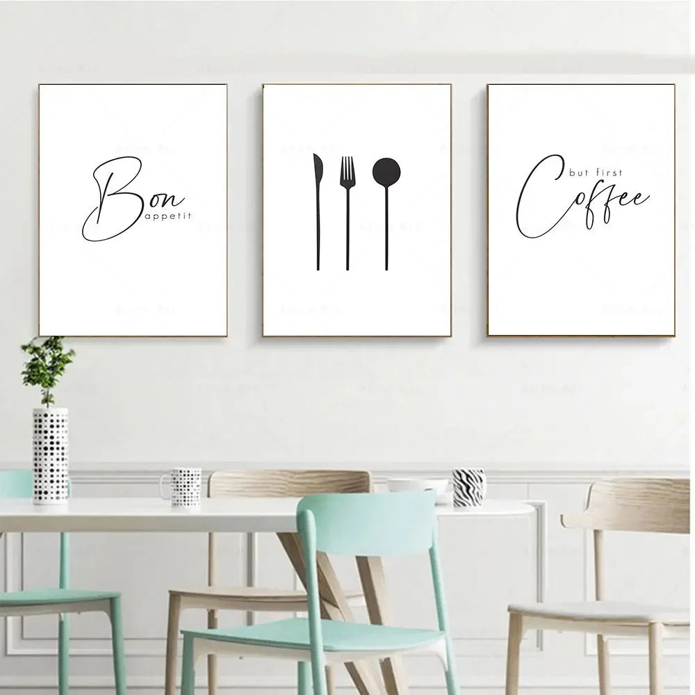 affiche moderne bon appétit lettrage calligraphique fourchette cuillère blanc noir minimaliste