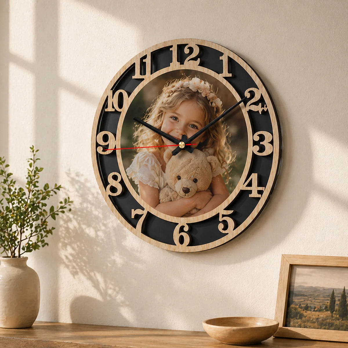 horloge murale personnalisable photo aiguille silencieuse bois acrylique décoration maison quartz UV haute définition