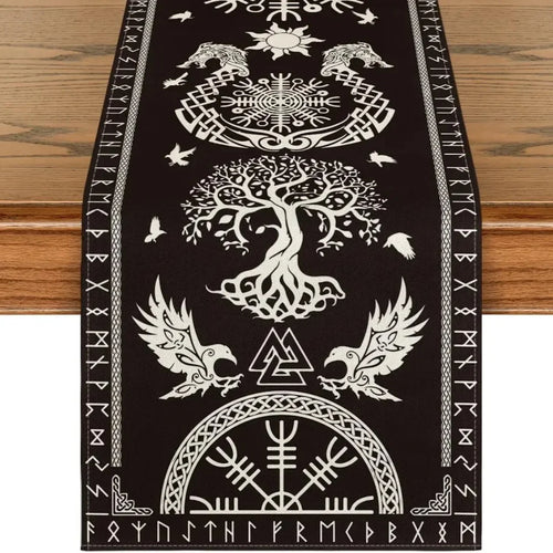 chinois viking noir blanc arbre vie runes oiseaux symboles chemin table polyester coton artisanal