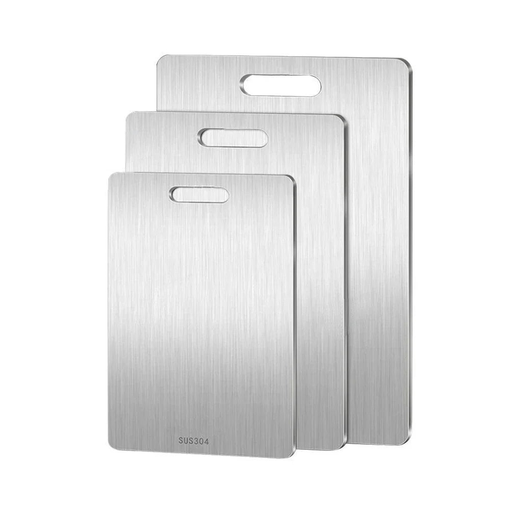 planche découper acier inoxydable rectangle lisse poignée moderne grande cuisine préparation alimentaire