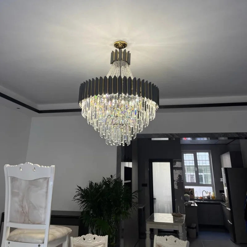 lustre led moderne élégant cristal noir doré transparent salon restaurant