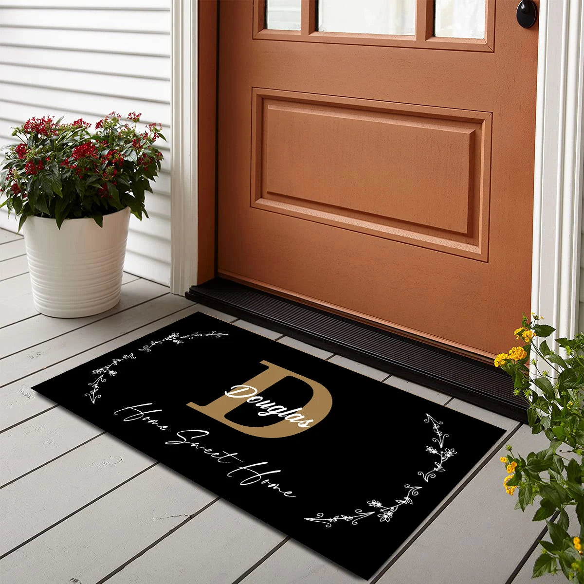 tapis d'entrée noir or blanc antidérapant lettres dorées floral douglas sweet homeextérieur classique